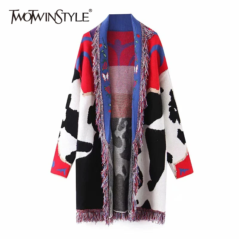 TWOTWINSTYLE Patchwork Tassel Hit Color Sweaters Women Lapel Collar Long Sleeve Open Stitch Loose Rivet Sweater Female Clothing