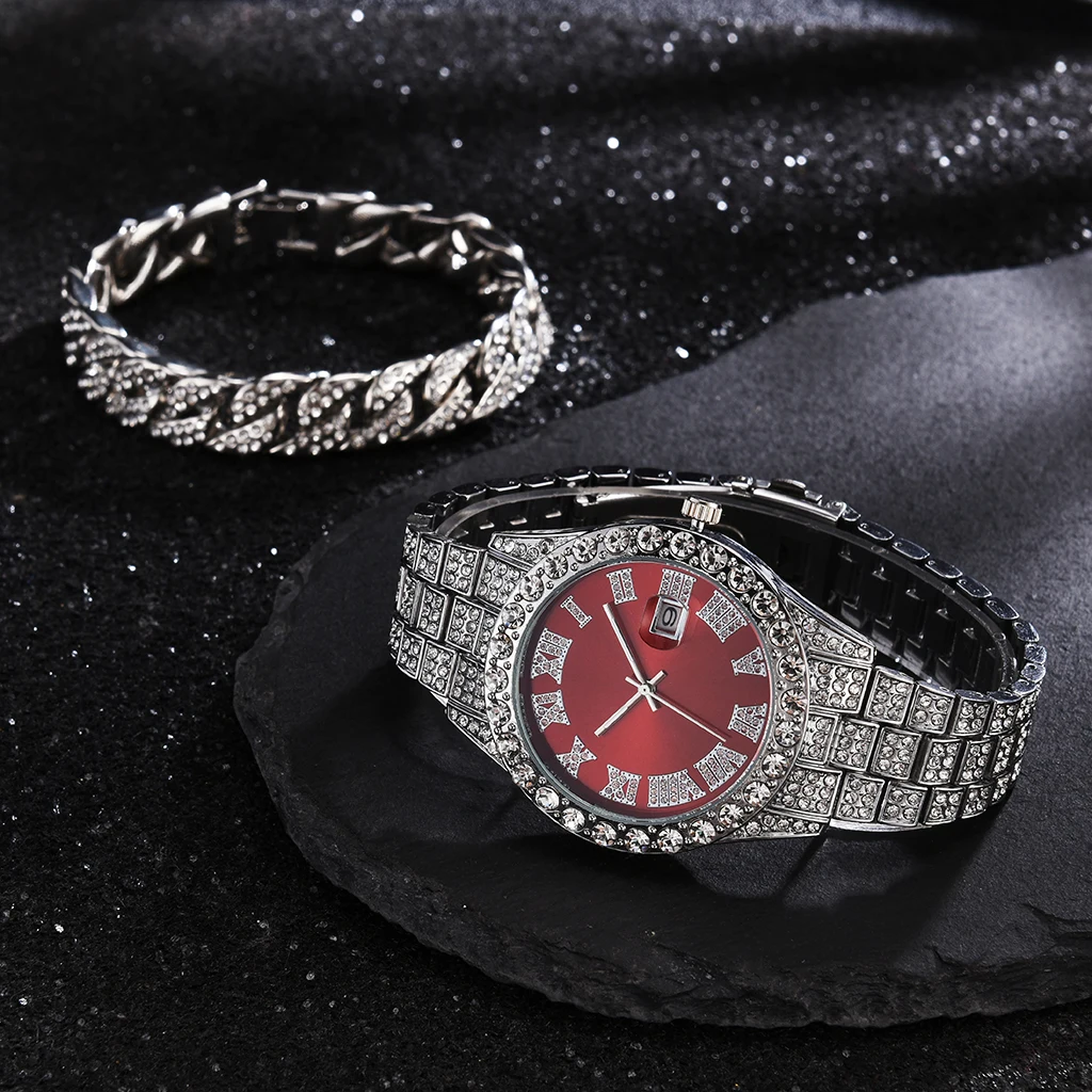 2 Pcs Watch+bracelet Hip Hop Stainless Steel Gold Color Calendar Watch For Men Iced Out Paved Rhinestones Men Watch Reloj Hombre