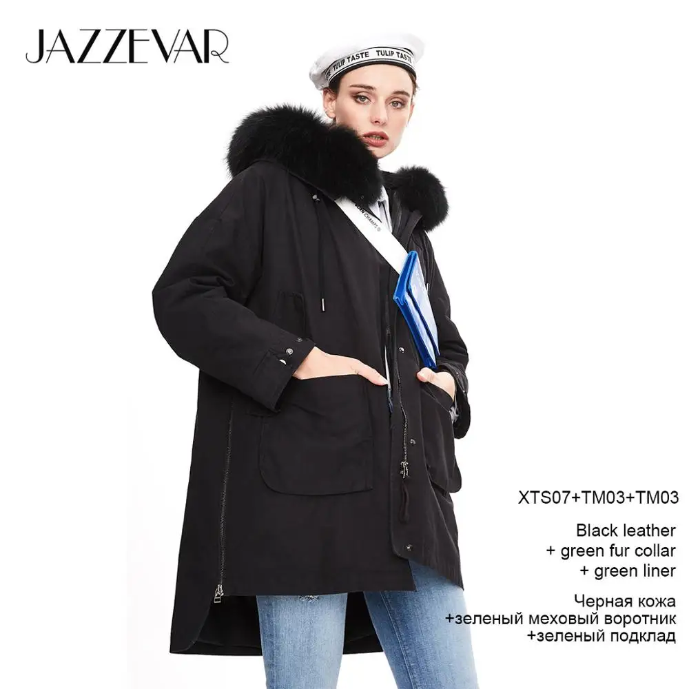 JAZZEVAR Зимнее новое поступление женское пальто высокое качество средней длины новая модная стильная парка с натуральным мехом теплое женское зимнее пальтоK9036 - Цвет: black coat green fur