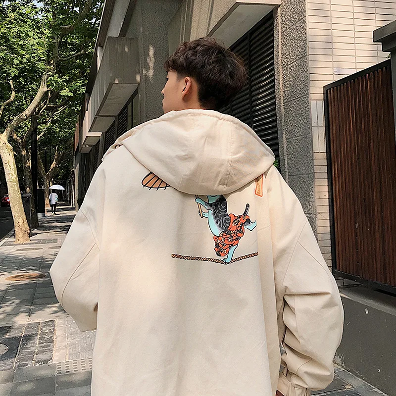 New Sweatshirt Men Street Long Sleeve Loose Jacket Coat Japan Style Cartoon Printed Hooded Zipper Male Outwear M-2XL