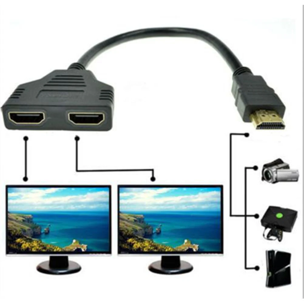 1PC HDMI 2 Dual Port Y Splitter 1080P HDMI V1.4 Male To Double Female Adapter Cable 1 In 2 Out HDMI Converter Connect Cable Cord