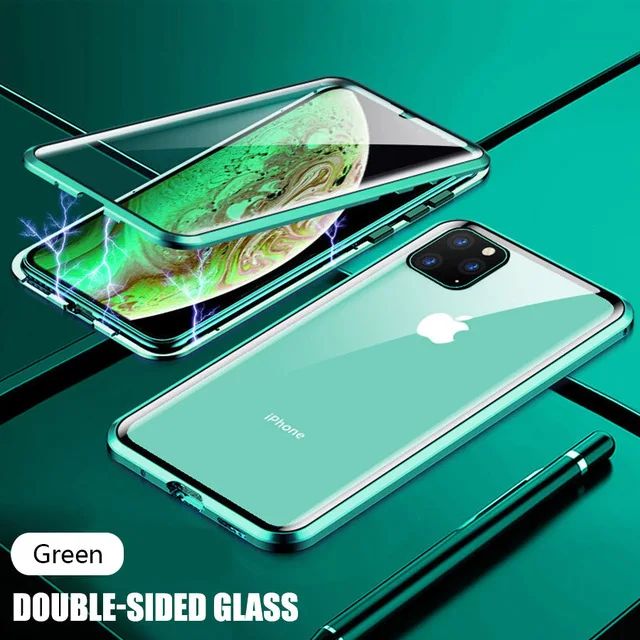 Luxury Phone Case For IPhone X XR XS 6 6S 7 8 11 12 13 Plus Mini SE Pro MAX 2020 360 Double Glass Shell Magnetic Adsorption Case Green