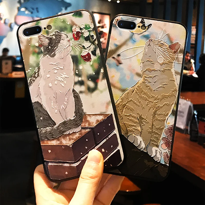 

Lovely Cat Pattern 3D Emboss Case For iPhone 7 Plus 6 6S 8 Plus 5 5S SE Girl Phone Cover For iPhone X XR XS Max 9 10 Black Cover