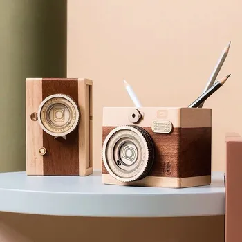 

2020 PhD Vintage Camera Wooden Pen Pencil Holder Desk Organizer Storage Box Case School Office Stationery