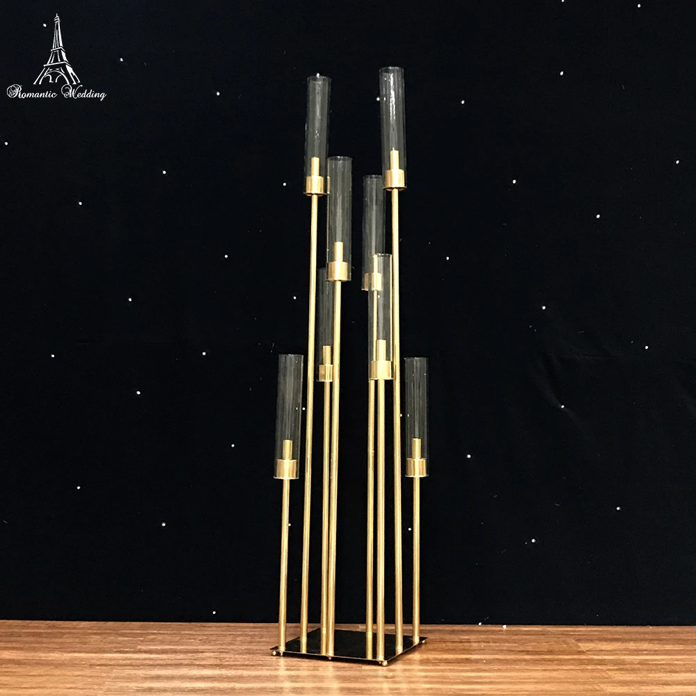 6pcs/lot 8 Heads Metal Candelabra Gold Candle Holder Glass Cover Wedding Table Centerpiece