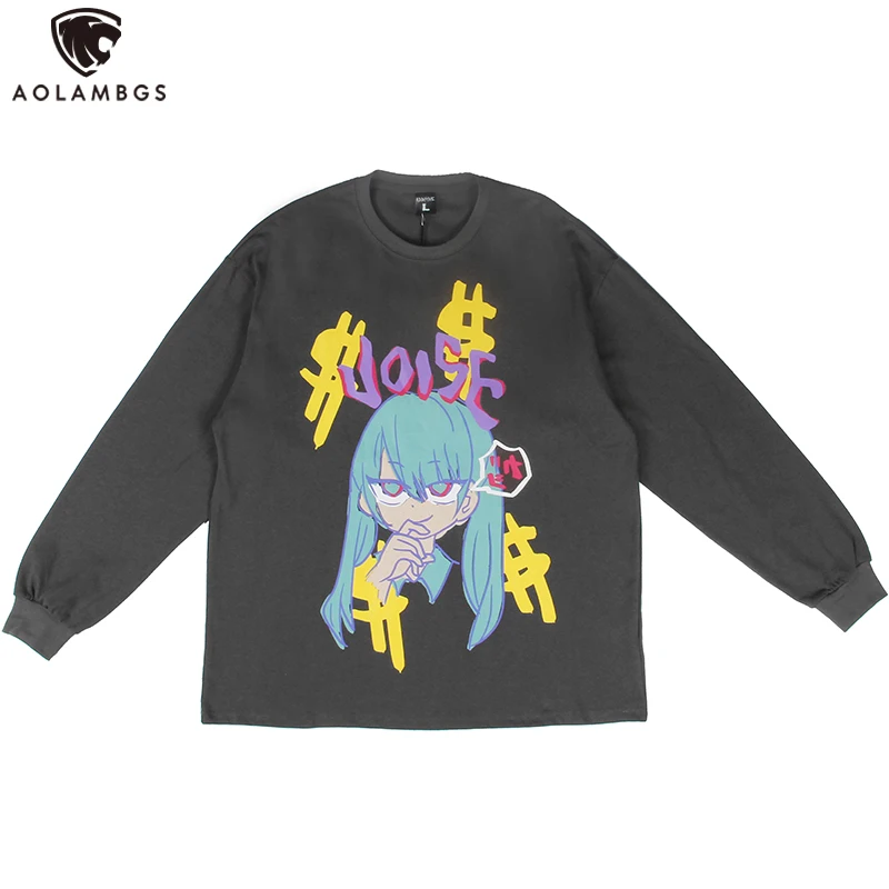 

Aolamegs Men's O-Neck Sweatshirts Autumn Casual Pullover Japanese Sweatwears Cartoon Comics Print Clothes Long Sleeve Streetwear