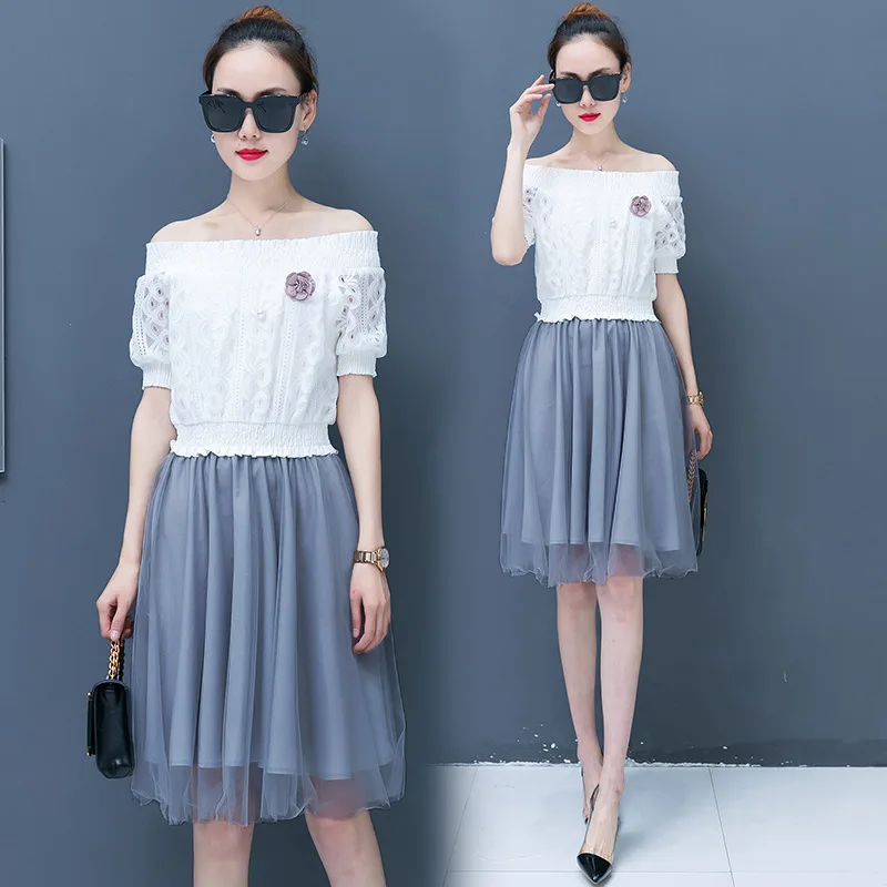 

Dress Summer Wear for Women 2019 New Style Fashion Elegant Mid-length Exposed Shoulder Gentle Wind Gauze Summer Popular Skirt