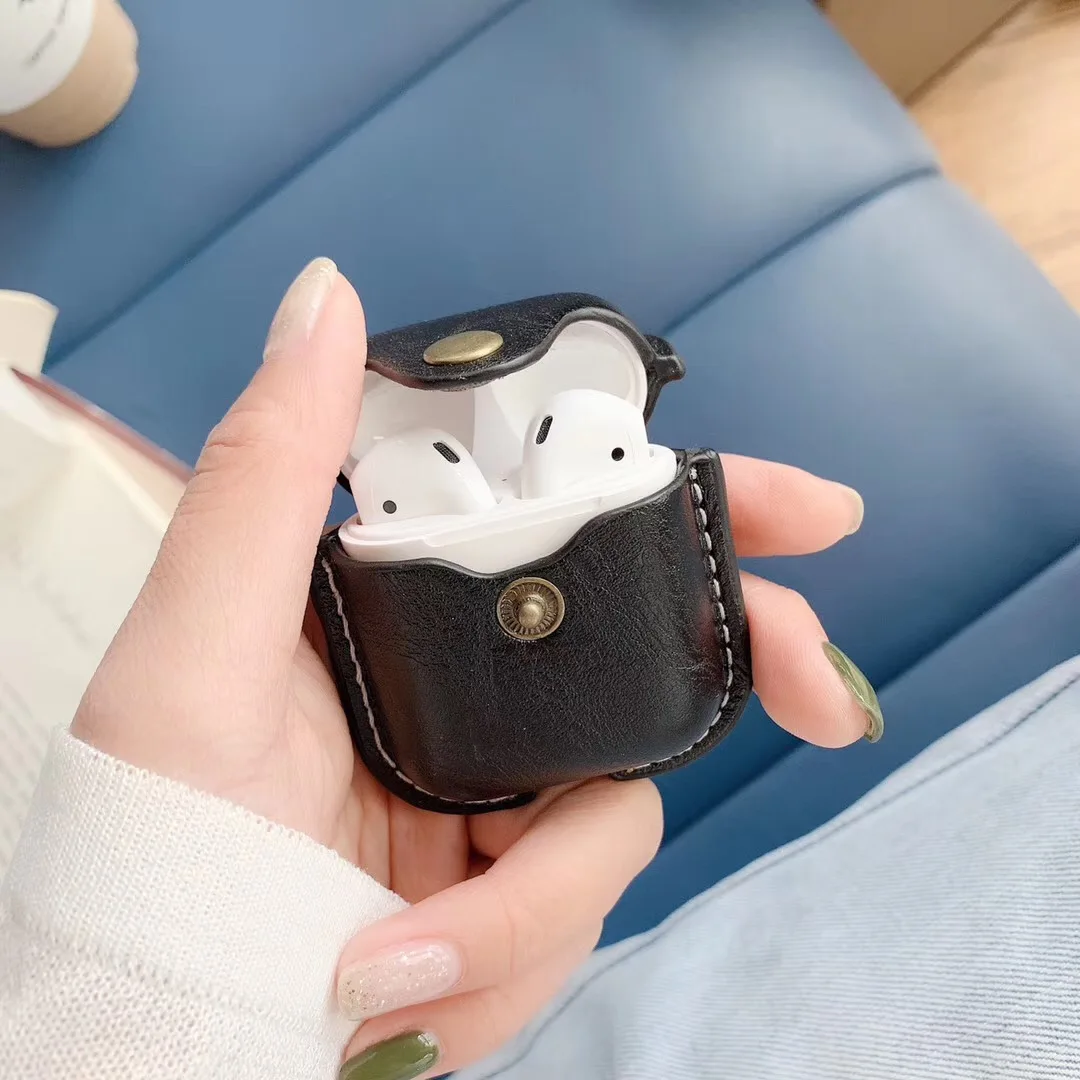 Чехол для AirPods, роскошный высококачественный защитный чехол из искусственной кожи, Bluetooth, беспроводные наушники для Air pods 2, чехол с крюком - Цвет: Черный
