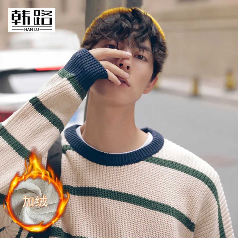 

Han Road Casual Men'S Wear 2019 Autumn And Winter New Products Sweater Oversize round Neck Fleece Lined Stripes Long-sleeved Upp