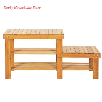 

90cm Strip Pattern Tiers Bamboo Stool Shoe Rack for Kids Bamboo Boots Organizer Shelf For Door Hallway Entryway Wood Color