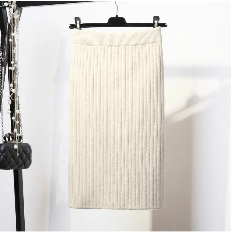 50-80CM elastic band ladies skirt autumn and winter warm knitted straight skirt ribbed split long skirt