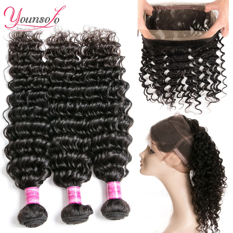 

Younsolo 360 Lace Frontal Deep Wave Human Hair Bundles With Closure Brazilian Hair Weave Bundles With Closure Remy Hair