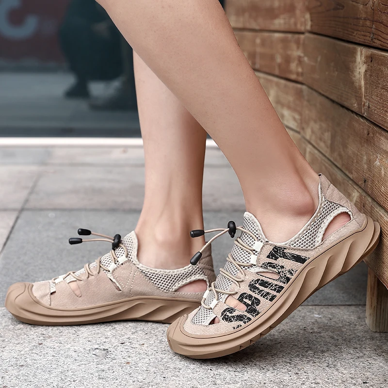 Men's Sandals New Fashion Breathable Leisure Beach Summer Men Shoes High Quality Leather Mesh Splicing Sandals Size 38-48