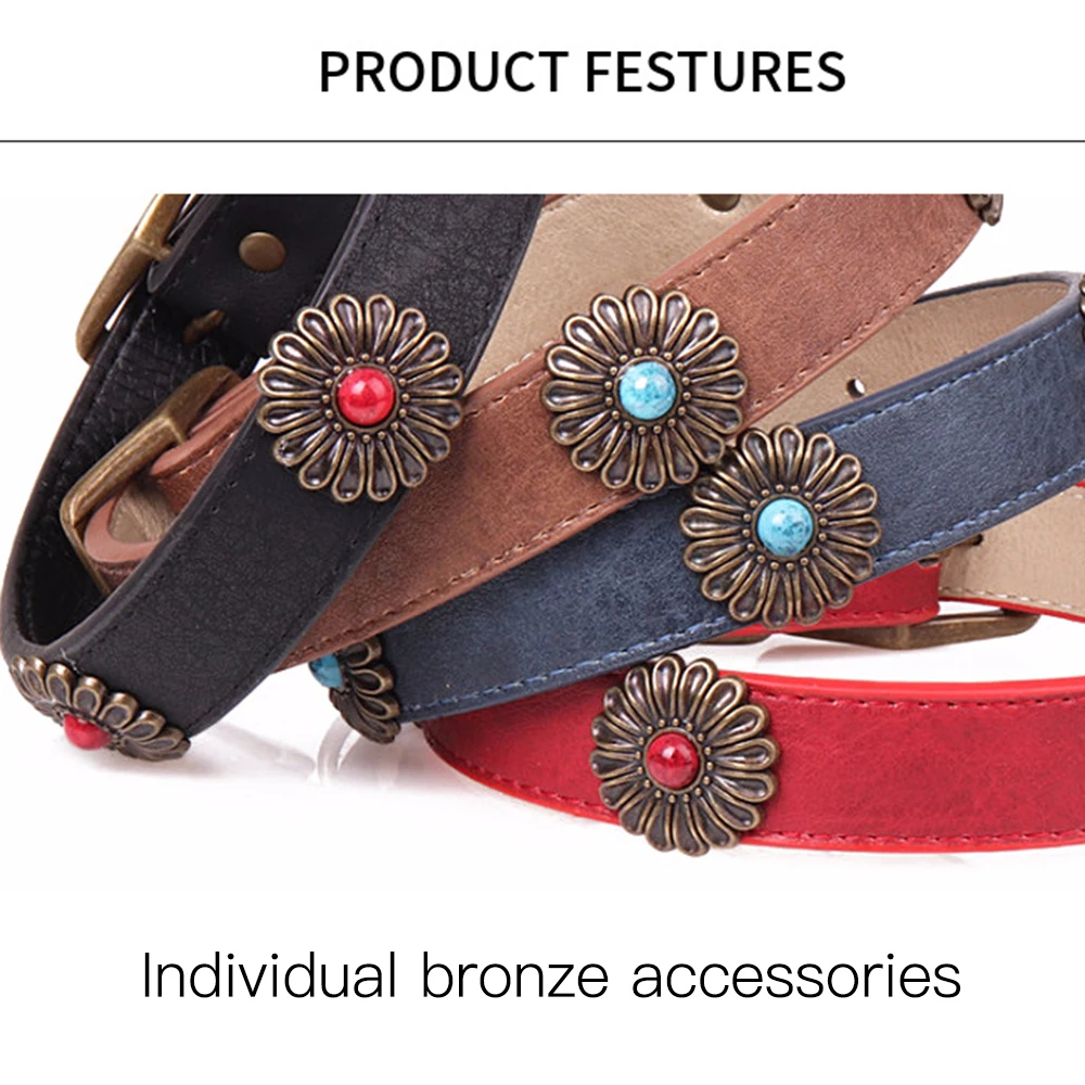 PU Leather Pet Dog Retro Style Collars with Daisies Decor for Small and Medium Dogs Chihuahua Fashion Adjustable Dog Collars