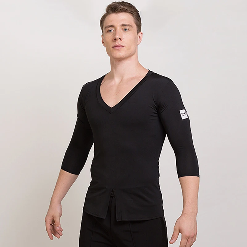 Men'S Latin Dance Tops Practice Clothes Crystal Cotton V-Neck Hem Front New Modern Dance Standard Ballroom Shirt BL2801