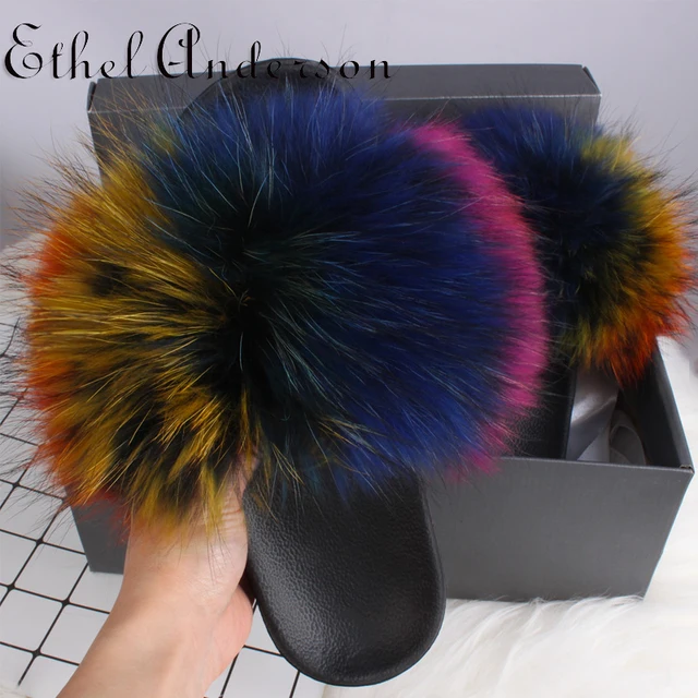 2021 Hot Sale Women Real Fox Fur Slippers Multi-color Summer Fashion Slides Casual Female Furry Shoes As picture