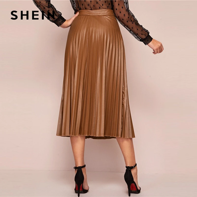 Женская плиссированная юбка SHEIN элегантная однотонная кожаная миди с высокой