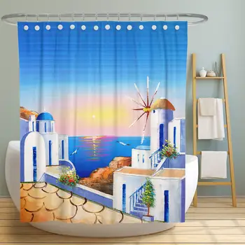 

Oil Painting Greece Island Fabric Shower Curtain,View The Sunset from The Most Beautiful Island of Greece Pattern Print