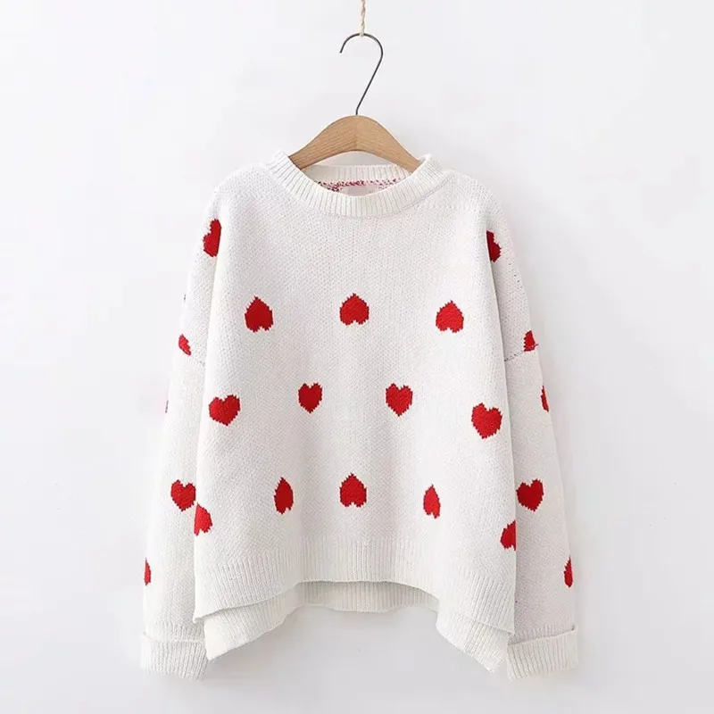 

Low High Design Hearts Pattern Kawaii Sweater Women Korean Fashion Autumn Winter Cropped Sweater Knitted Pullover Jumpers