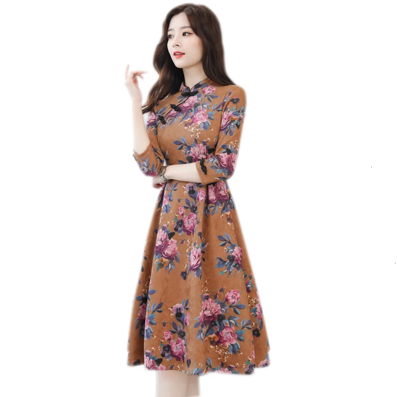 

Winter Women casual dress Women's Elegant Russian Knees Print dress Lent Herfst dress party dresses YM113