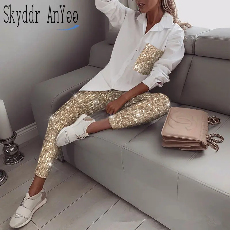Women Fashion Sequin Two Piece Set Long Sleeve Womens Tops And Blouses Femme Two Piece Outfits Elastic Waist Long Pants Sets long sleeve sparkling sequin cardigan a addition to wardrobe for clubbing stage performances office commutes spring fall long