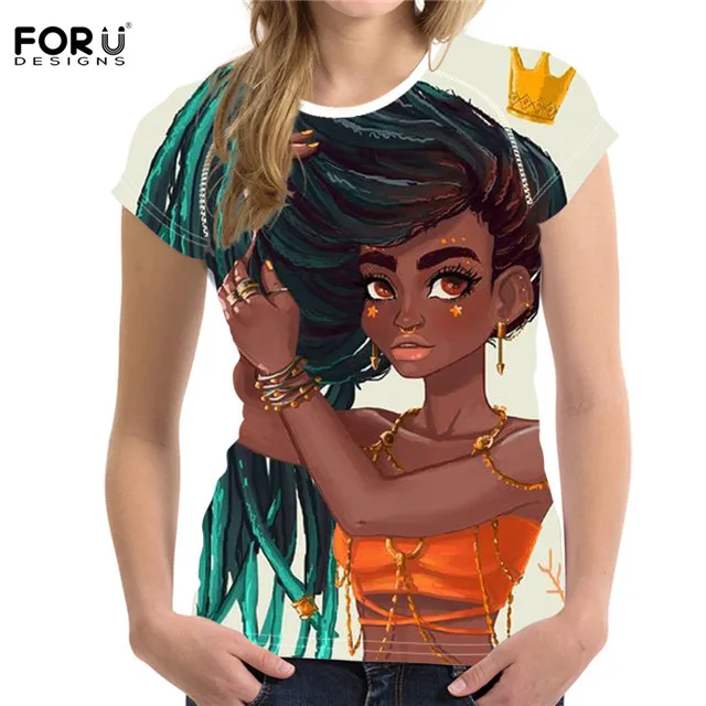 FORUDESIGNS/женские футболки Повседневная летняя одежда американская африканская темнокожая девушка художественный дизайн студенческие девушки тонкие топы футболки - Цвет: HMC1713BV