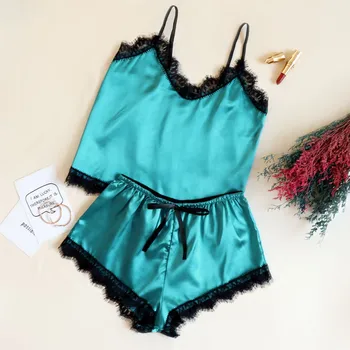 

pyjamas women Set Sexy Satin Pajama Black Lace V-Neck Pyjamas Sleeveless Lovely Cami Top and Shorts pajamas for women пижама