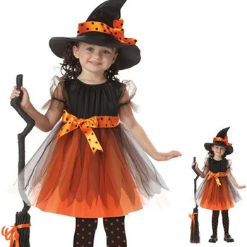 

Witch Cosplay Girls Halloween Costume Princess Dresses With Wizard Hat Party Vestidos Fantasia Kids Party Clothing Set For Girl