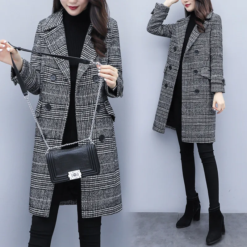 New Style Autumn& Winter Thick Quilted Thousands of Birds Woolen Jacket Women's Mid-length Double Breasted Trench Coat