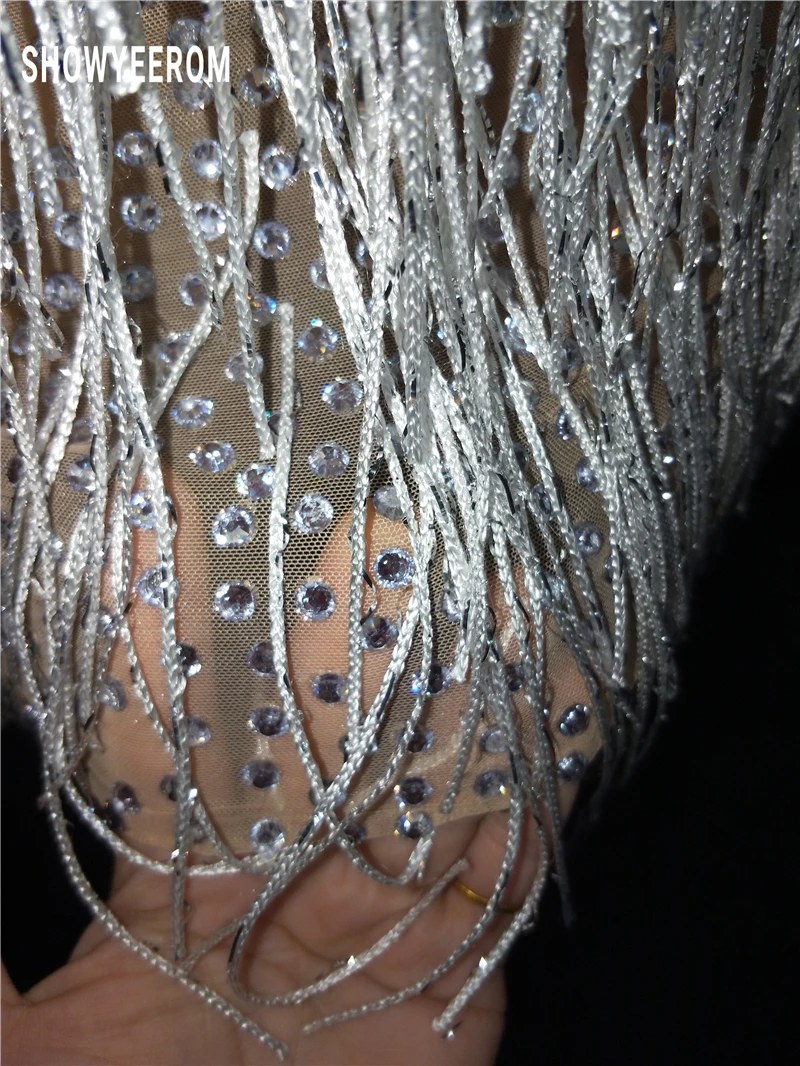 women Sparkly Crystals tassel Mesh Perspective Dress Evening Party Dresses Evening Birthday Celebrate Dress Singer Performance