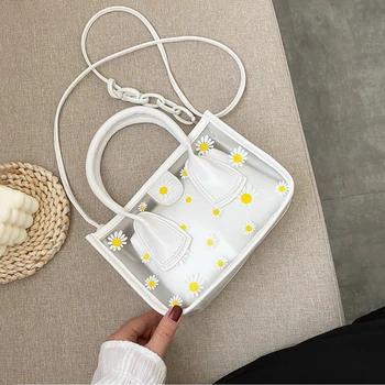 

2020 Fashion Women Transparent Daisy Pattern Shoulder Bag PU Soft Leather Hasp Chain Messenger Bag Summer Wild Composite Tote