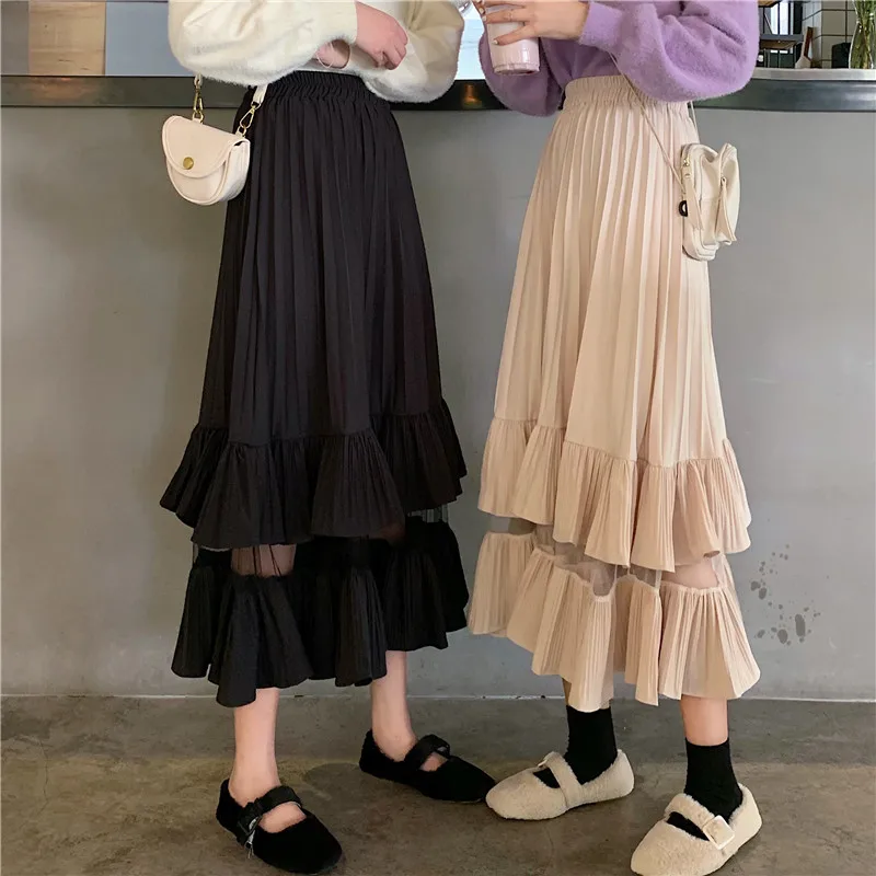 

Photo Shoot 2020 Autumn And Winter Big Hemline Hong Kong Flavor Elegant Double Layer Cake Dress Versatile Mid-length Pleated Ski