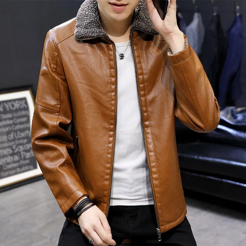 khaki Осеннее утепленное кожаное меховое Свободное пальто Jaqueta Masculina Couro, зимняя одежда, мужская меховая куртка - Цвет: khaki