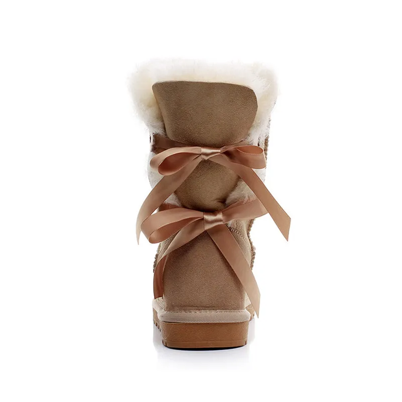 Новые Брендовые женские зимние ботинки в австралийском стиле с бантом; обувь из натуральной овечьей кожи на меху и зимняя женская теплая водонепроницаемая обувь - Color: brown