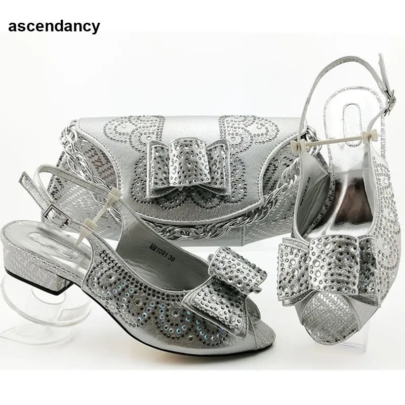 

New Arrival Italy African Ladies Shoes and Bags Shoes with Rhinestones Fits True To Size, Take Your Normal Size Slip-On PU