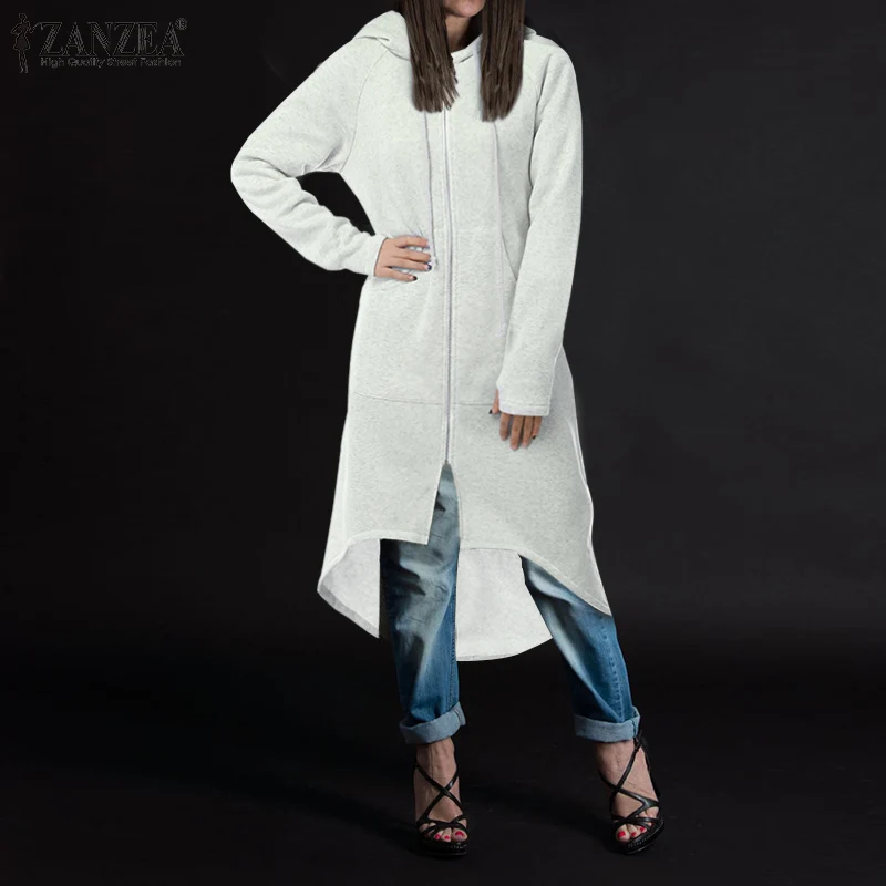 Женские толстовки, свитшоты ZANZEA, Осенние, с длинными рукавами, с капюшоном, повседневные, с асимметричным подолом, длинные толстовки, на молнии, пальто, куртки 5XL