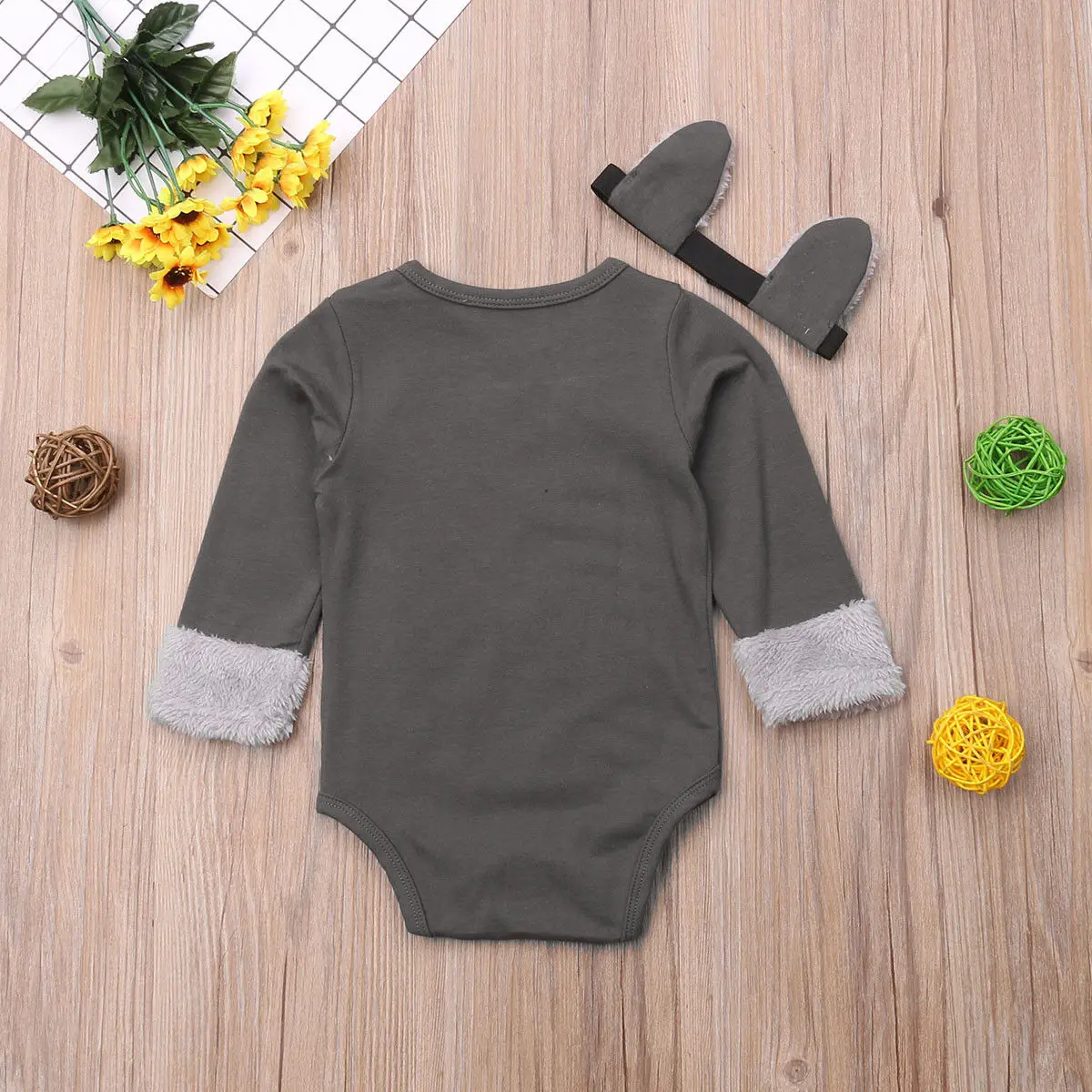 Kids Baby Girl Boy Gary Warm Wool Patchwork Long Sleeve Bodysuit Jumpsuit Cute Ear Headband Outfit Party Clothes