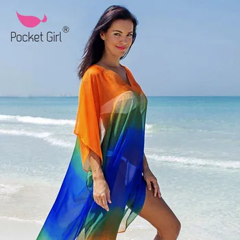 

Pocket Girl 2020 Print Chiffon Beach Cover Ups Tunics for Beach Long Kaftan Bikini Cover Up Robe De Plage Sarong Swimsuit Kimono