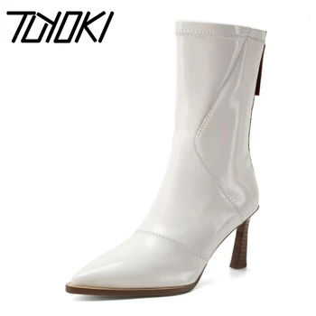 

Tuyoki Women Mid Calf Boots Back Zipper Pointed Toe Thin High Heel Shoes Winter Warm Boots Party Fashion Footwear Size 33-40
