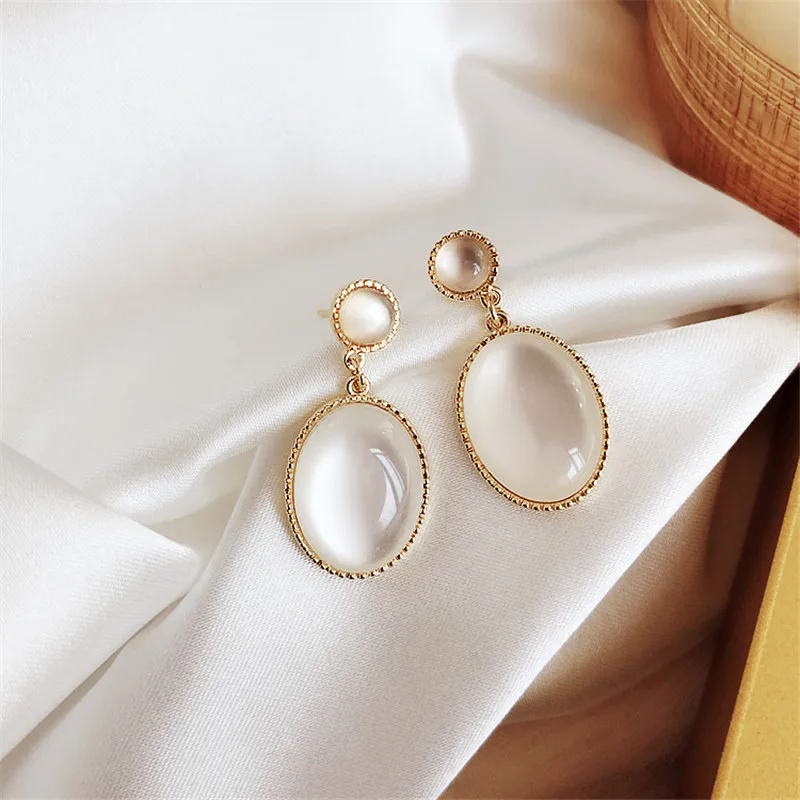 FYUAN, белые висячие серьги с кристаллами для женщин, Bijoux, овальный камень кошачий глаз, висячие серьги, Женские Ювелирные изделия, вечерние, подарок - Окраска металла: white