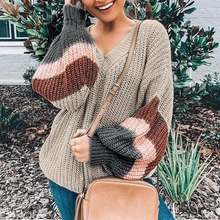 ^#Cheap 2019 Women Autumn Winter Thin Sweater V-neck Shirts Lantern Sleeve Stripe Colorblock Patchwork Pullover Streetwear Plus Size Top ^#Cheap 2019 Women Autumn Winter Thin Sweater V-neck Shirts Lantern Sleeve Stripe Colorblock Patchwork Pullover Streetwear Plus Size Top