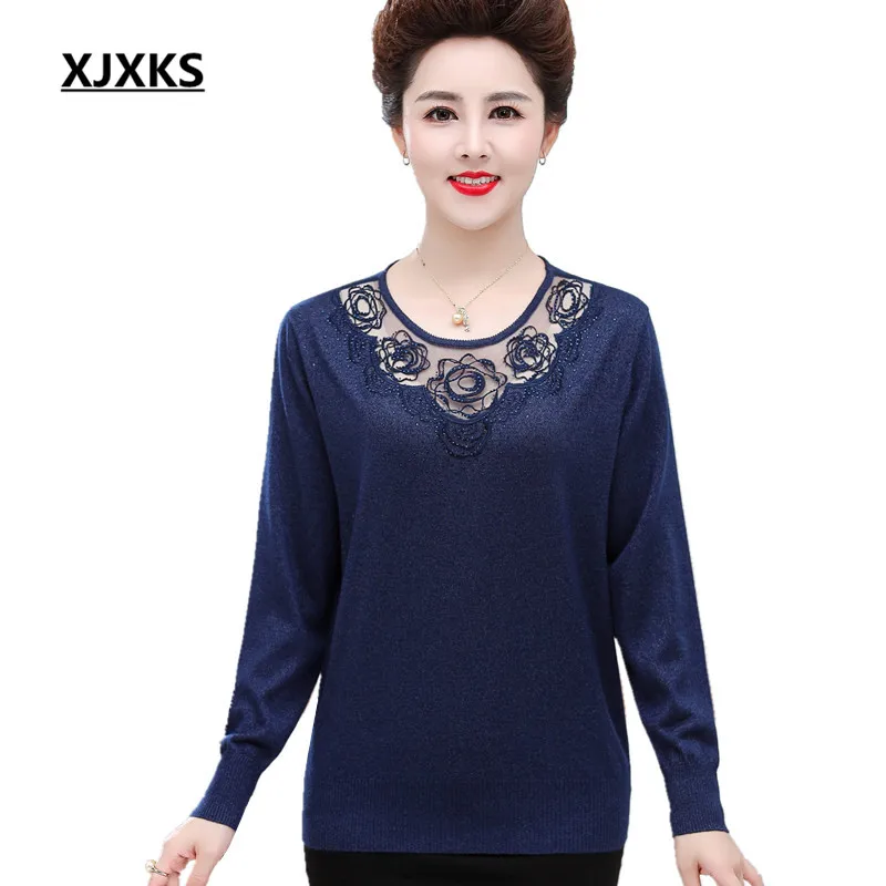 XJXKS Exquisite embroidery solid color all-match women sweater autumn winter new women cashmere knitteed sweater pullover
