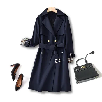 

Shuchan Classic Trench Coat for Women Adjustable Waist Double Breasted Office Lady Cotton Blend Middle Age Women L;ong Coats