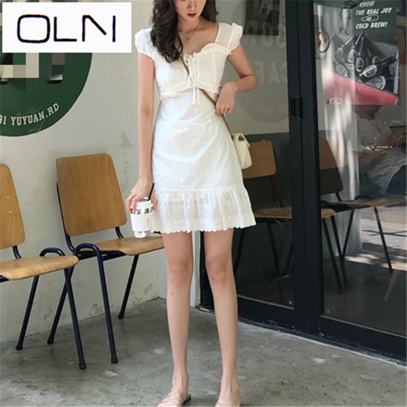 Платье oln в Корейском стиле vestidos; Новое поступление; ; французское белое платье со словом; кружевное платье с поясом; сказочное платье