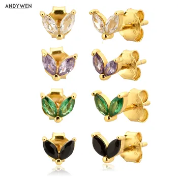 ANDYWEN 925 Sterling Silver Gold Rainbow Colorful Purple Green Stud Earring Piercing Ohrringe Luxury CZ Fashion Fine Jewels