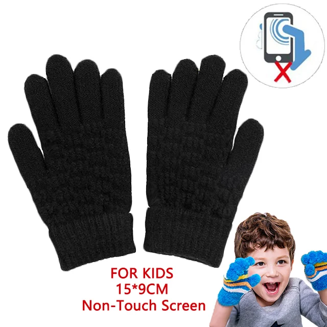 Winter Touch Screen Gloves Women Men Warm Stretch Knit Mittens Imitation Wool Full Finger Guantes Female Crochet Thicken M158 - Color: Kids Black