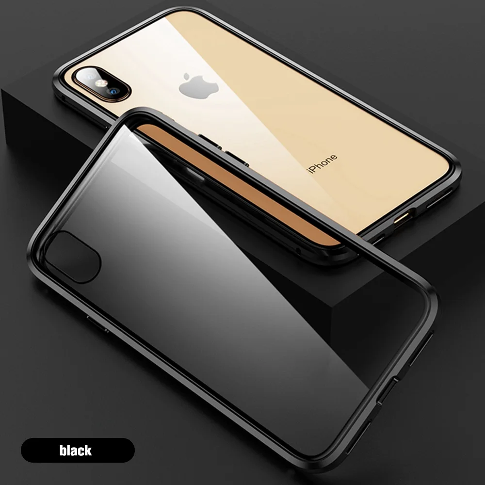 balck Магнитный чехол для Iphone XR X 7 XS Max металлический адсорбционный закаленное стекло Coque Cover для Iphone 6 7 8 Plus XS протектор экрана - Цвет: balck