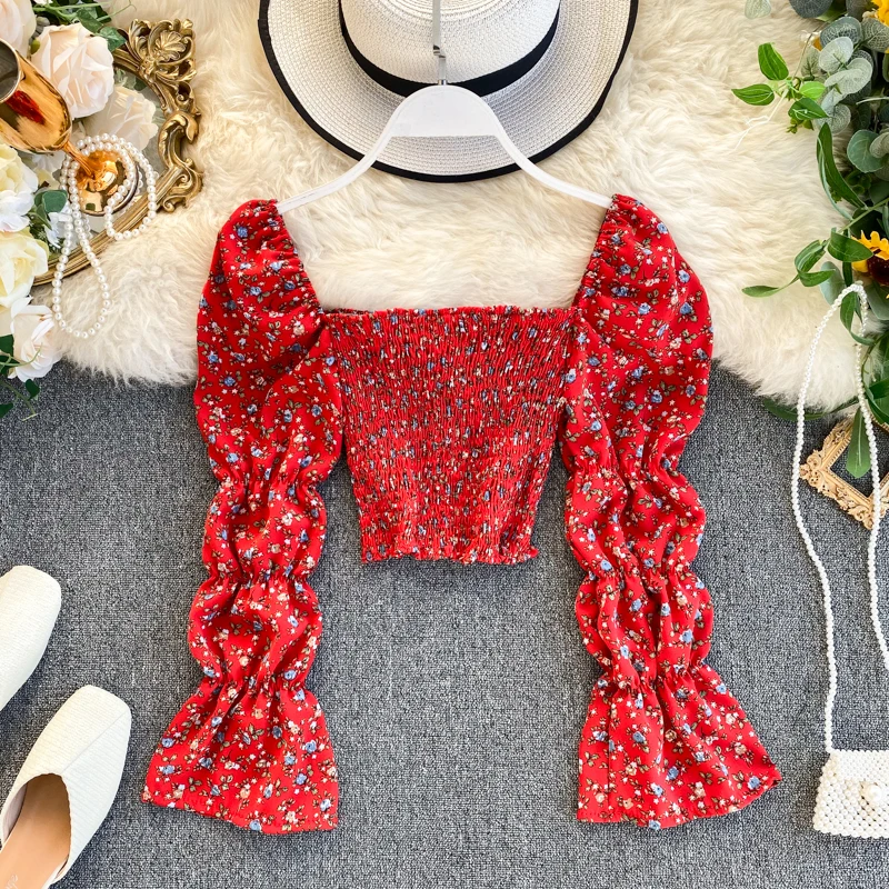 

Women Korean Style Floral Print Square Collar Sexy Short Chiffon Blouse Vintage Design Fashion Tops Female Beach Wear