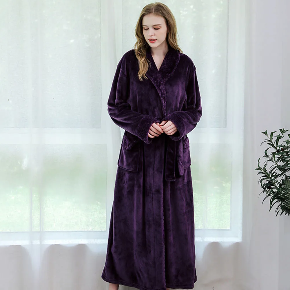 Purple Женский фланелевый длинный толстый банный халат удлиненный плюшевый зимний сшитая ночная рубашка мужские и женские парные пижамы халат - Цвет: Purple