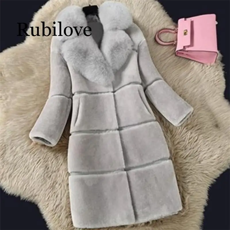 

Rubilove Sheep Shearing Autumn and Winter Simulation Fur Overcoat Coat Jacket Fashion Imitation Fox Big Fur Collar Long Women's